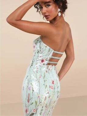 NWT Lulus Malene Mint Floral Sequin Strapless Midi Dress Small